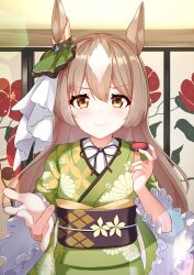 Rule 34 | 1girl, absurdres, alternate costume, animal ears, black ribbon, blush, brown hair, closed mouth, commentary request, ear ornament, floral print kimono, green kimono, hair between eyes, highres, horse ears, horse girl, indoors, japanese clothes, kimono, lipstick, long hair, long sleeves, looking at viewer, makeup, multicolored hair, obi, outstretched hand, pov, ribbon, sash, satono diamond (umamusume), smile, solo, streaked hair, sunny (20597521), umamusume, very long hair, white hair, yellow eyes