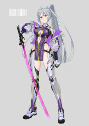 Rule 34 | 1girl, arm at side, barcode, breasts, closed mouth, clothing cutout, full body, gluteal fold, green eyes, grey background, grey hair, hair ribbon, highres, holding, holding sword, holding weapon, jacket, ldfe mk2, long hair, looking at viewer, mecha musume, mechanical legs, medium breasts, open clothes, open jacket, original, pelvic curtain, ponytail, revealing clothes, ribbon, see-through, solo, standing, sword, weapon