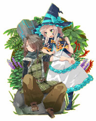 Rule 34 | 1boy, 1girl, baggy pants, bandaged arm, bandages, bow, brown hair, doctor magus, doctor magus 4, dress, drop390 (sakuma), etrian odyssey, frilled dress, frills, full body, green eyes, grey hair, hair over one eye, hat, hat bow, highlander (sekaiju 2), highlander 1 (sekaiju 2), long dress, long hair, looking away, open mouth, outdoors, pants, plaid, plant, rock, sekaiju no meikyuu, sekaiju no meikyuu x, sidelocks, sitting, sitting on rock, white background, white dress, witch hat