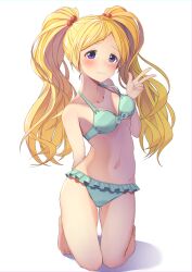 Rule 34 | 1girl, absurdres, arm behind back, bare shoulders, barefoot, bikini, blonde hair, blush, closed mouth, collarbone, emily stewart, front-tie bikini top, front-tie top, green bikini, hair bobbles, hair ornament, hand up, highres, idolmaster, idolmaster million live!, idolmaster million live! theater days, kneeling, kuro kinkan, long hair, looking at viewer, navel, purple eyes, shy, simple background, smile, solo, swimsuit, twintails, w, white background