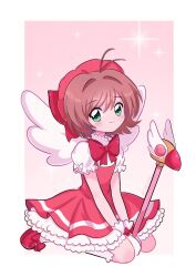 Rule 34 | 1girl, :d, absurdres, antenna hair, artist name, between legs, border, bow, bowtie, brown hair, cardcaptor sakura, chellyko, dot nose, dress, footwear bow, frilled dress, frilled gloves, frilled sleeves, frills, full body, fuuin no tsue, glove bow, gloves, gradient background, green eyes, hair between eyes, hand between legs, hat, hat bow, highres, holding, holding wand, kinomoto sakura, layered dress, light blush, long bangs, looking at viewer, magical girl, mary janes, open mouth, pink theme, red bow, red bowtie, red dress, red footwear, red hat, shirt, shoes, short dress, short hair, sitting, sleeve bow, smile, solo, sparkle, swept bangs, thighhighs, wand, wariza, white border, white gloves, white shirt, white thighhighs, white wings, wings