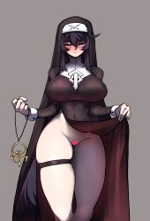 Rule 34 | 1girl, absurdres, black hair, blush, breasts, censored, closed eyes, closed mouth, curvy, ginseng (xin), gloves, groin, hair between eyes, heart, heart censor, highres, jewelry, unworn jewelry, large breasts, last origin, long hair, necklace, unworn necklace, no panties, nun, solo, standing, thick thighs, thigh strap, thighs, veronica type-asc, very long hair, white gloves, wide hips