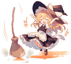 Rule 34 | 1girl, apron, arms up, asakura maru, black footwear, black hat, black skirt, black vest, blonde hair, bow, braid, broom, closed eyes, frilled apron, frilled skirt, frills, full body, hat, hat bow, kirisame marisa, long hair, motion lines, open mouth, puffy short sleeves, puffy sleeves, shirt, shoes, short sleeves, simple background, single braid, skirt, smile, socks, solo, touhou, vest, waist apron, white apron, white background, white bow, white shirt, white socks, witch hat