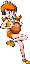 Rule 34 | 1girl, :d, ball, basketball, basketball (object), blue eyes, brown hair, crown, dolphin shorts, earrings, flower earrings, full body, holding, holding ball, jewelry, looking up, mario (series), mario basketball 3on3, nintendo, official alternate costume, official art, open mouth, orange shorts, princess daisy, shirt, short shorts, shorts, sleeveless, sleeveless shirt, smile, solo, sportswear, standing, standing on one leg, tennis daisy, transparent background