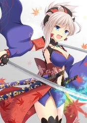 Rule 34 | 1girl, asymmetrical hair, breasts, center opening, cleavage, cross (crossryou), detached sleeves, fate/grand order, fate (series), holding, holding sword, holding weapon, japanese clothes, katana, kimono, leaf print, medium breasts, miyamoto musashi (fate), miyamoto musashi (third ascension) (fate), navel, obi, open mouth, pink hair, sash, short hair, short kimono, sleeveless, sleeveless kimono, solo, sword, weapon, white background