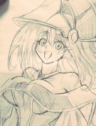 Rule 34 | 1girl, artist request, bare shoulders, bouncing breasts, breasts, dark magician girl, duel monster, female focus, hat, highres, large breasts, long hair, magical girl, open mouth, photo (medium), smile, solo, traditional media, wizard hat, yu-gi-oh!, yuu-gi-ou, yu-gi-oh! duel monsters