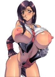 Rule 34 | 1990s (style), 1girl, between breasts, black eyes, blush, bottomless, breast hold, breasts, brown hair, clothes lift, covered erect nipples, female focus, final fantasy, final fantasy vii, gloves, hip focus, huge breasts, ichijiku, large areolae, long hair, long nipples, nipples, no bra, ponytail, purple eyes, retro artstyle, shirt lift, simple background, solo, square enix, tifa lockhart, white background, wide hips