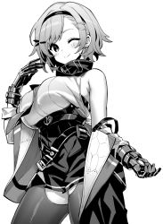 Rule 34 | 1girl, azur lane, breasts, gauntlets, greyscale, headband, hori (hori no su), jacket, large breasts, looking at viewer, monochrome, off shoulder, one eye closed, open clothes, open jacket, reno (azur lane), short hair, simple background, solo, swept bangs, thighhighs, white background