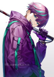 Rule 34 | 1boy, :d, aqua eyes, aqua hair, blood, ear piercing, fangs, from side, gloves, gradient background, grey background, hair between eyes, hand up, high collar, holding, jacket, long sleeves, looking at viewer, looking to the side, male focus, multicolored hair, open mouth, original, piercing, puffy long sleeves, puffy sleeves, purple gloves, purple hair, purple jacket, ryuuki (hydrangea), smile, solo, streaked hair, teeth, twitter username, upper body, upper teeth only, white background
