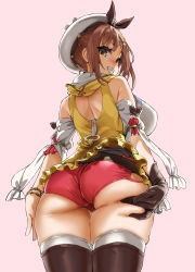 Rule 34 | 1girl, asanagi, ass, ass support, atelier (series), atelier ryza, atelier ryza 1, bare shoulders, blush, breasts, brown gloves, brown hair, cameltoe, deep skin, from behind, gloves, grin, hair ornament, hairclip, hat, highres, huge ass, large breasts, looking at viewer, looking back, pink background, red shorts, reisalin stout, short shorts, shorts, simple background, single glove, skindentation, smile, solo, teeth, thick thighs, thighhighs, thighs, white hat, white thighhighs, wide hips, yellow eyes