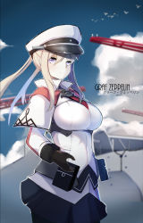 Rule 34 | 10s, 1girl, aosora kamiya, bird, black gloves, blonde hair, breasts, character name, gloves, graf zeppelin (kancolle), hat, highres, kantai collection, large breasts, long hair, looking at viewer, miniskirt, pantyhose, peaked cap, purple eyes, skirt, solo, standing