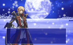 Rule 34 | 00s, 1boy, 1girl, animated, animated gif, arc system works, blazblue, blazblue: calamity trigger, blonde hair, crossover, dress, gif artifacts, green eyes, jpeg artifacts, kisaragi jin, melty blood, military, military uniform, moon, red eyes, ribbon, silver hair, snow, sword, tsukihime, uniform, weapon, white len (tsukihime)
