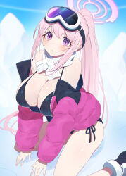 Rule 34 | 1girl, bikini, black bikini, black footwear, blue archive, blush, breasts, cleavage, eimi (blue archive), eimi (swimsuit) (blue archive), goggles, goggles on head, halo, highres, jacket, large breasts, long hair, long sleeves, looking at viewer, matsumoto tomoyohi, official alternate costume, parted lips, pink eyes, pink hair, pink halo, pink jacket, ponytail, scarf, shoes, sitting, ski goggles, solo, swimsuit, very long hair, wariza, white scarf