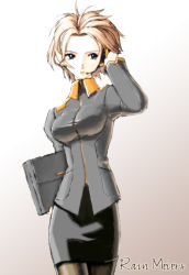 Rule 34 | 1girl, armored core, armored core 3, blonde hair, blue eyes, breasts, from software, headset, layne meiers, military, military uniform, pantyhose, pencil skirt, reign mayers, samhyon lee, short hair, skirt, solo, uniform