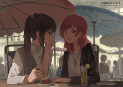 Rule 34 | 10s, 2girls, beach umbrella, black eyes, black hair, cherry, collared shirt, cup, drink, drinking glass, drinking straw, english text, eye contact, food, fruit, hair tie, head rest, highres, huanxiang heitu, jacket, jewelry, long hair, long sleeves, looking at another, love live!, love live! school idol project, multiple girls, necklace, nishikino maki, open clothes, open jacket, outdoors, parted lips, pendant, pink eyes, red hair, revision, shirt, short hair, sidelocks, smile, swept bangs, table, twintails, umbrella, vest, wing collar, yazawa nico, yuri