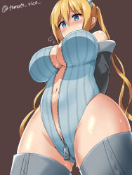 Rule 34 | 1girl, arms behind back, artist name, bikini, blend s, blonde hair, blue bikini, blue eyes, blush, boots, breasts, brown background, center opening, embarrassed, hair between eyes, head scarf, highres, hinata kaho, kirara fantasia, large breasts, leotard, long hair, looking at viewer, looking down, navel, simple background, solo, sweat, swimsuit, thigh boots, thighhighs, thighs, tomato rice, twintails, twitter username, unzipped, very long hair, wide hips, zipper