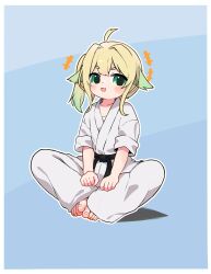 Rule 34 | +++, 1girl, :d, ahoge, barefoot, belt, black belt, blonde hair, blue background, border, chinese commentary, colored tips, commentary request, dougi, full body, green eyes, green hair, highres, kuma-bound, martial arts belt, medium hair, multicolored hair, open mouth, original, pants, sitting, smile, solo, two-tone hair, white border, white pants