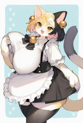 Rule 34 | 1girl, :d, animal ears, apron, aqua background, bell, black hair, black thighhighs, blonde hair, body fur, breasts, brown eyes, curvy, dated, furry, furry female, highres, huge breasts, jingle bell, kishibe, looking at viewer, maid, multicolored hair, neck bell, open mouth, original, plump, short hair, smile, solo, tail, thick thighs, thighhighs, thighs, two-tone hair