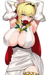 Rule 34 | 1girl, ahoge, armpits, arms behind head, arms up, bare shoulders, blonde hair, blush, braid, breasts, cleavage, detached sleeves, dress, earrings, fate/extra, fate/grand order, fate (series), flower, french braid, green eyes, hair bun, hair intakes, hair ribbon, heroic spirit formal dress, highres, jewelry, large breasts, long hair, looking at viewer, mouth hold, ndgd, necklace, nero claudius (fate), nero claudius (fate) (all), nero claudius (fate/extra), nero claudius (formal dress) (fate), official alternate costume, puffy sleeves, red ribbon, ribbon, rose, simple background, single hair bun, solo, thighlet, white background, white dress