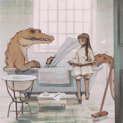 Rule 34 | 1girl, barefoot, bathroom, bathtub, bloomers, blue theme, book, broom, brown hair, child, crocodile, crocodilian, dress, highres, holding, holding book, indoors, long hair, muted color, original, pastel colors, room, roomscape, sitting, soap, tile floor, tiles, tono (rt0no), toothbrush, underwear, white dress, window