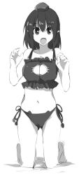 Rule 34 | 1girl, :o, bikini, cat cutout, cat ear panties, cat lingerie, claw pose, cleavage cutout, clothing cutout, d:, fang, greyscale, hat, kamukamu (ars), kneeling, lingerie, looking at viewer, meme attire, monochrome, navel, open mouth, panties, pointy ears, shameimaru aya, side-tie panties, solo, swimsuit, tokin hat, touhou, underwear, underwear only