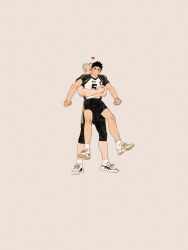 Rule 34 | 2boys, akaashi keiji, black hair, black shorts, bokuto koutarou, brown background, chengongzi123, chinese commentary, closed mouth, commentary request, grey hair, haikyuu!!, hands up, heart, highres, hug, hug from behind, lifting person, looking at viewer, male focus, multiple boys, shoes, short hair, short sleeves, shorts, simple background, smile, sneakers, sportswear, very short hair, volleyball uniform, white footwear, wide shot, yaoi, yellow eyes