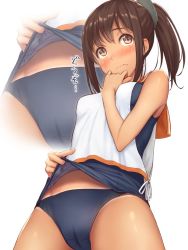 Rule 34 | 10s, 1girl, bikini tan, blue one-piece swimsuit, blue panties, blush, breasts, brown eyes, brown hair, buruma, closed mouth, clothes lift, embarrassed, from below, hand on own chin, i-401 (kancolle), kantai collection, kurowan, one-piece swimsuit, panties, ponytail, school swimsuit, simple background, small breasts, solo, standing, swimsuit, swimsuit lift, tan, tanline, translated, underwear, upper body, white background, zoom layer