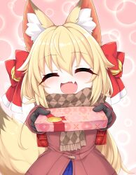 Rule 34 | 1girl, ^ ^, absurdres, animal ear fluff, animal ears, bell, black gloves, blonde hair, box, box of chocolates, brown scarf, closed eyes, coat, commentary request, facing viewer, fang, fox ears, fox girl, fox tail, gloves, hair bell, hair between eyes, hair ornament, hair ribbon, highres, jingle bell, kinomiki nobori, long hair, open mouth, original, plaid, plaid scarf, red coat, red ribbon, ribbon, scarf, skin fang, solo, tail