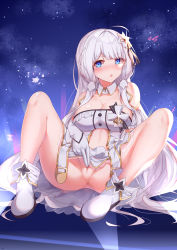 Rule 34 | 1girl, absurdres, azur lane, bare shoulders, blue eyes, blush, boots, breasts, censored, cleavage, detached collar, elbow gloves, flower, gloves, hair flower, hair ornament, hair ribbon, highres, illustrious (azur lane), illustrious (muse) (azur lane), large breasts, long hair, mosaic censoring, ribbon, sitting, skirt, solo, strapless, very long hair, watchdog rol (y1104280730), white footwear, white gloves, white hair, white skirt