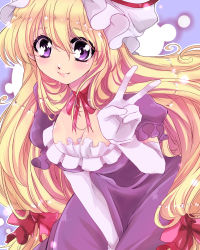 Rule 34 | 1girl, blonde hair, bow, breasts, chigo, cleavage, elbow gloves, female focus, gloves, hair bow, hat, large breasts, long hair, purple eyes, smile, solo, touhou, v, white gloves, yakumo yukari
