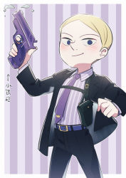 Rule 34 | 1boy, alternate costume, belt, black jacket, black pants, blonde hair, blue eyes, blush, border, closed mouth, collared shirt, commentary request, contemporary, daida, hand up, holding, jacket, long sleeves, looking at viewer, male focus, necktie, nikomi (nikomix), open clothes, open jacket, ousama ranking, outside border, pants, parted bangs, purple necktie, shirt, short hair, smile, solo, water gun, white border