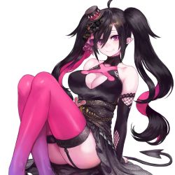 Rule 34 | 1girl, ahoge, ass, black dress, black hair, blush, breasts, cleavage, cleavage cutout, closed mouth, clothing cutout, collarbone, commentary, demon girl, demon tail, detached sleeves, dress, feet out of frame, garter straps, hair between eyes, hat, lace, large breasts, long hair, long sleeves, looking at viewer, mini hat, multicolored hair, nijisanji, pink eyes, pink hair, pink thighhighs, pointy ears, shu-mai, simple background, sitting, sleeves past wrists, smile, solo, tail, thighhighs, thighs, twintails, two-tone hair, very long hair, virtual youtuber, white background, yamiyono moruru
