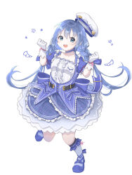 Rule 34 | 1girl, :d, ahoge, ankle ribbon, back bow, belt, blue bow, blue eyes, blue footwear, blue hair, bow, braid, breasts, buttons, clenched hands, collarbone, commentary, floral print, frilled gloves, frilled legwear, frills, full body, gloves, hair between eyes, hat, highres, jumping, leg ribbon, long hair, looking at viewer, miteinano (mitei nano28), nijisanji, open mouth, pink ribbon, ribbon, simple background, small breasts, smile, solo, teeth, twin braids, virtual youtuber, wavy mouth, white background, white gloves, wrist ribbon, yuuki chihiro, yuuki chihiro (8th costume)
