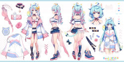 Rule 34 | 1girl, ahoge, animal ears, belt, black choker, black footwear, black socks, blue eyes, blue hair, blue skirt, breasts, cat ears, cat girl, cat tail, character sheet, choker, cleavage, closed mouth, coat, collar, crop top, detached sleeves, from side, halterneck, highres, hong (white spider), indie virtual youtuber, kneehighs, lanmewko, large breasts, long hair, long sleeves, looking at viewer, loose belt, midriff, miniskirt, multicolored hair, multiple belts, multiple views, navel, off shoulder, official alternate costume, official art, open clothes, open coat, pleated skirt, prehensile hair, shirt, shoes, single kneehigh, single sock, skirt, sleeveless, sleeveless shirt, smile, socks, spaghetti strap, stomach, strap gap, streaked hair, tail, thighs, twintails, two-tone hair, virtual youtuber, white coat, white shirt