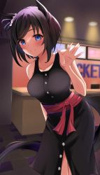 Rule 34 | 1girl, absurdres, alternate costume, animal ears, bare arms, bare shoulders, black dress, black hair, blue eyes, blush, breasts, buttons, ceiling light, closed mouth, commission, counter, dress, eishin flash (umamusume), hair ornament, hair ribbon, hair scrunchie, hand up, highres, horse ears, horse girl, horse tail, indoors, large breasts, leaning forward, looking at viewer, monitor, newon, pixiv commission, red sash, ribbon, sash, scrunchie, short hair, sleeveless, sleeveless dress, smile, solo, swept bangs, tail, tile floor, tiles, umamusume, waving