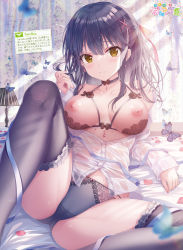 Rule 34 | 1girl, bed, bed sheet, black bra, black choker, black hair, black panties, black thighhighs, blush, bow, bow panties, bra, breasts, breasts apart, bridal garter, bug, butterfly, choker, closed mouth, collarbone, desk lamp, fingernails, highres, indoors, insect, lace, lace bra, lace panties, lamp, large breasts, long fingernails, long hair, long sleeves, looking at viewer, lying, melonbooks, nail polish, nipples, on back, on bed, original, panties, pink bow, pink nails, smile, solo, sousouman, spread legs, thighhighs, underwear, yellow eyes