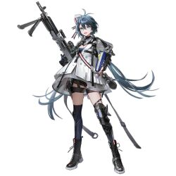 Rule 34 | 1girl, antenna hair, black footwear, black shorts, blue eyes, blue hair, blue shirt, blue thighhighs, book, boots, breasts, buckle, chest strap, cleavage, cleavage cutout, clothing cutout, coat, cross-laced footwear, dark blue hair, full body, girls&#039; frontline, gun, hair ornament, holding, holding book, holding gun, holding weapon, knee pads, knife, knife sheath, lace-up boots, large breasts, long hair, long sleeves, looking at viewer, low twintails, m240, m240l (girls&#039; frontline), machine gun, medal, nunok, object request, official art, open mouth, pouch, see-through, see-through skirt, sheath, shirt, shorts, simple background, single knee pad, skirt, smile, snap-fit buckle, solo, standing, teeth, thigh strap, thighhighs, transparent background, trigger discipline, twintails, upper teeth only, very long hair, weapon, white coat