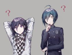 Rule 34 | 2boys, ?, ahoge, arms behind head, black jacket, blue hair, checkered clothes, checkered neckwear, checkered scarf, closed mouth, commentary request, danganronpa (series), danganronpa v3: killing harmony, eyes visible through hair, gakuran, goto (sep), grey background, hair over one eye, hand on own chin, jacket, long sleeves, looking at viewer, male focus, messy hair, multiple boys, oma kokichi, pale skin, purple eyes, saihara shuichi, scarf, school uniform, simple background, spoken question mark, straitjacket, striped clothes, striped jacket, upper body, vertical-striped clothes, vertical-striped jacket, white jacket