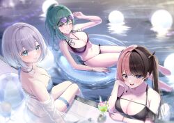 3girls :p ;) ball bare_shoulders beachball bikini black_bikini black_hair blue_bikini blue_eyes breasts bridal_garter brown_hair chest_strap cleavage closed_mouth cup drinking_glass ear_piercing eyewear_on_head frills green_hair grey_hair hair_ornament highres horo_27 jewelry kaga_sumire large_breasts long_hair looking_at_viewer medium_breasts medium_hair mole mole_under_eye multicolored_hair multiple_girls off-shoulder_bikini off_shoulder one_eye_closed open_mouth piercing pink_hair ponytail pool sitting smile split-color_hair string_bikini sunglasses swept_bangs swim_ring swimsuit tachibana_hinano_(vtuber) thick_eyelashes tongue tongue_out two-tone_hair virtual_youtuber vspo! wine_glass yakumo_beni