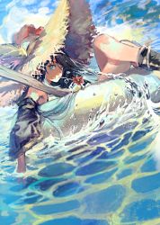 Rule 34 | 1girl, bad id, bad pixiv id, black hair, blue eyes, cloud, copyright request, day, detached sleeves, drinking straw, dutch angle, flower, hat, long hair, looking at viewer, momo alto, mouth hold, ocean, outdoors, sketch, sky, solo, straw hat, swept bangs, waves