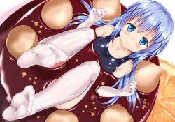 Rule 34 | 1girl, blue eyes, blue hair, elbow gloves, food, from above, gloves, gochuumon wa usagi desu ka?, hair ornament, highres, in food, kafuu chino, long hair, looking at viewer, mini person, minigirl, naka (cheeseyeast), one-piece swimsuit, partially submerged, school swimsuit, shiny clothes, solo, swimsuit, thighhighs