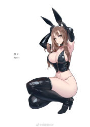 Rule 34 | 1girl, animal ears, arms up, black footwear, black gloves, boots, breasts, brown eyes, brown hair, bustier, choker, cleavage, closed mouth, elbow gloves, fake animal ears, full body, gloves, hairband, high heel boots, high heels, highleg, highleg panties, highres, kneeling, large breasts, latex, leotard, long hair, navel, original, panties, playboy bunny, rabbit ears, shizuoxing kof, sidelocks, simple background, skindentation, smile, solo, string panties, thigh boots, thighhighs, underwear, weibo watermark, white background