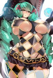 Rule 34 | 1girl, argyle, argyle clothes, argyle cutout, breasts, brown eyes, clothing cutout, covered erect nipples, curvy, drill hair, fiore brunelli, gloves, green hair, hair ribbon, huge breasts, long hair, looking at viewer, parted lips, revealing clothes, ribbon, simple background, skindentation, solo, star ocean, star ocean integrity and faithlessness, takamura wamu, thick thighs, thigh gap, thighs, twin drills, white background, wide hips, yellow eyes