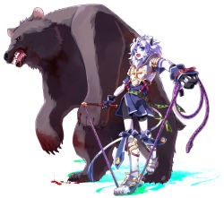 Rule 34 | 1boy, :d, animal, animal ears, armor, ars goetia, bear, blood, blood in mouth, blood on teeth, blue eyes, claws, clenched hand, fang, furry, furry male, holding, holding weapon, jump rope, kyousaku, male focus, mygrimoire, open mouth, original, purson (mygrimoire), sharp teeth, short hair, simple background, smile, snake, solo, tail, teeth, weapon, whip, white background