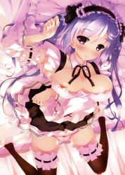 Rule 34 | 1girl, absurdres, areola slip, arm up, bed, bed sheet, black thighhighs, blush, breast hold, breasts, bridal garter, cleavage, clothes lift, detached collar, detached sleeves, dress, dress lift, frilled thighhighs, frills, hairband, hayakawa harui, highres, knees up, legs, lolita hairband, long hair, lying, on back, on bed, panties, parted lips, perspective, pink panties, purple eyes, purple hair, smile, spread legs, striped clothes, striped panties, tareme, thighhighs, underwear, upside-down