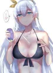 Rule 34 | 1girl, absurdres, anastasia (fate), bad id, bad pixiv id, bare shoulders, bikini, black bikini, blue eyes, blush, breasts, cleavage, collarbone, fate/grand order, fate (series), hair over one eye, hairband, highres, hitomin (ksws7544), large breasts, long hair, looking at viewer, silver hair, simple background, smile, swimsuit, white background