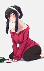 Rule 34 | 1girl, absurdres, bare shoulders, barefoot, black hair, black pants, blush, bottle, breasts, cleavage, collarbone, commentary request, grey background, grimmelsdathird, hairband, highres, large breasts, leggings, long hair, long sleeves, looking at viewer, off-shoulder sweater, off shoulder, pants, red eyes, red sweater, sidelocks, simple background, sitting, solo, spy x family, stomach, sweater, thighs, wariza, white hairband, yor briar