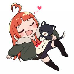 Rule 34 | 1girl, ahoge, animal, black shorts, black thighhighs, blunt bangs, cat, chibi, closed eyes, do m kaeru, drooling, fur-trimmed jacket, fur trim, green jacket, heart, heart ahoge, jacket, long hair, long sleeves, lying, morgana (persona 5), mouth drool, no eyewear, on back, open clothes, open jacket, open mouth, orange hair, persona, persona 5, sakura futaba, shorts, simple background, sleeping, smile, thighhighs, twitter username, white background