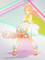 Rule 34 | 1girl, :&gt;, abstract background, bad id, bad pixiv id, blush, brown hair, chainsaw, dress, dual wielding, english text, flower, gradient background, hair flower, hair ornament, halftone, halftone background, highres, holding, k (sktchblg), long hair, original, ponytail, ribbon, sandals, solo, striped, striped background, wrist ribbon
