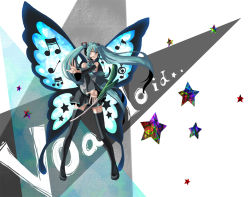 Rule 34 | aqua eyes, aqua hair, bad id, bad pixiv id, butterfly wings, detached sleeves, hatsune miku, headphones, headset, insect wings, long hair, mocchan, musical note, necktie, one eye closed, skirt, smile, solo, spring onion, star (symbol), thighhighs, twintails, vocaloid, wings, wink, zettai ryouiki